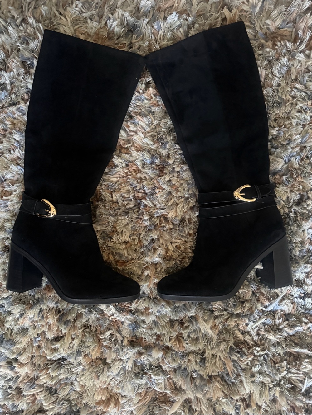 Dolce Vita Black Suede Mid-Calf Heeled Boots with Gold Buckle